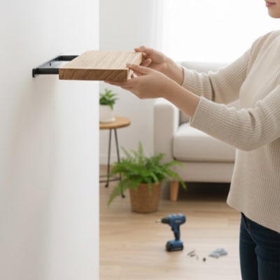 une femme installe une etagere bois